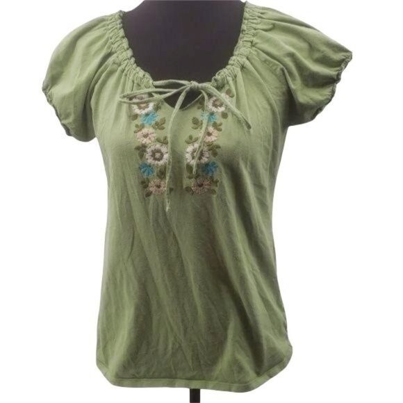 Molly Maxi Green Floral Embroidered Peasant Top sz M - Picture 1 of 8